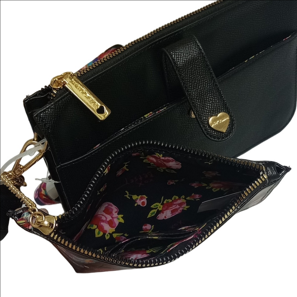 🆕 BETSEY JOHNSON "BIRDS OF PARADISE" BLACK CROSSBODY BAG WITH PULLOUT POUCH - Picture 9 of 15
